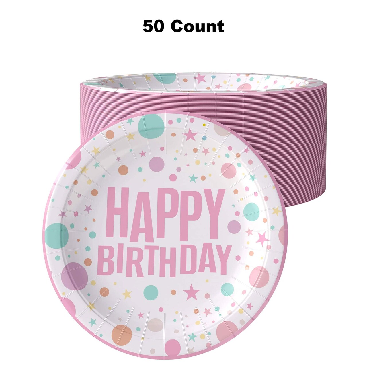 50 Count Pink Birthday Print Paper Plates for Girl Party Supplies Celebration 7 Inch
